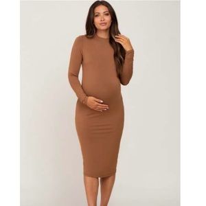 Camel mock neck maternity dress